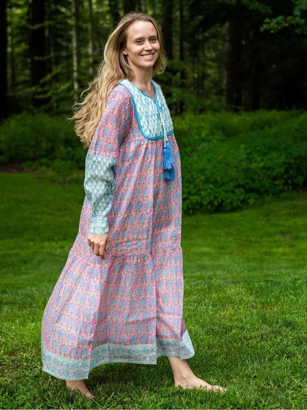 Women’s Pink Floral Maxi Dress with Blue Trim